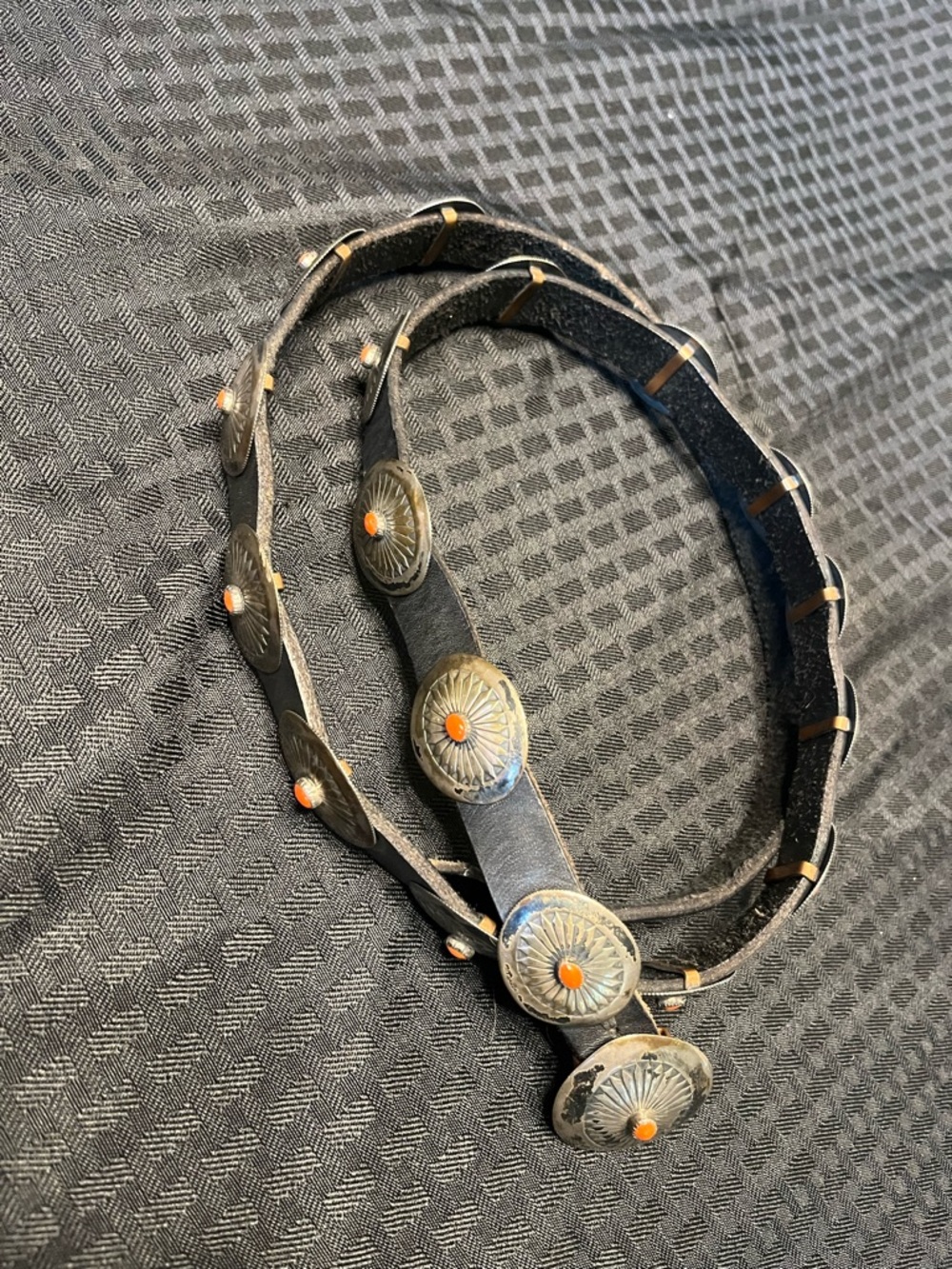 Vintage Navajo Black Leather Belt with Silver and Coral conchos